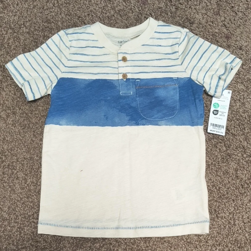 Carter's Cream & Blue Striped Colorblock Henley Pocket Tee